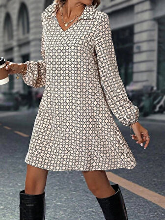 Kadın Uzun Kollu Yakalı Desenli Mini Modal Elbise