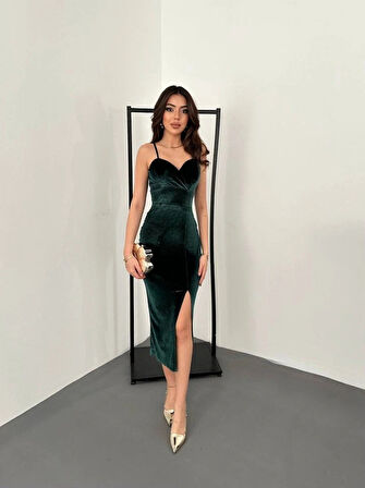 Kadınomuz Askılı Sırt Dekolteli Yırtmaç Detay Midi Boy Elbise Yırtmaç Detay Midi Boy Elbise