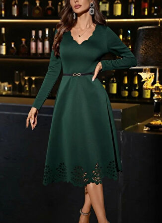 Kadın Uzun Kollu V Yakalı Lazer Kesim Detaylı Midi Ithal Krep Elbise