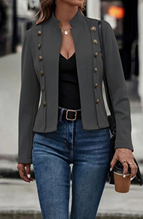 Kadın Uzun Kollu Hakim Yaka Yanlardan Düğmeli Kısa Süet Ceket