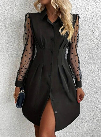 Kadın Uzun Kollu Yakalı Düğmeli Mini Ithal Krep Elbise