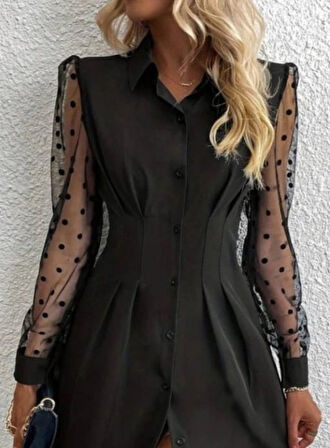 Kadın Uzun Kollu Yakalı Düğmeli Mini Ithal Krep Elbise