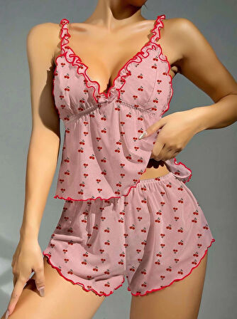 Kadın Pembe Kiraz Desenli Fırfırlı Şortlu Gecelik Takım 5102