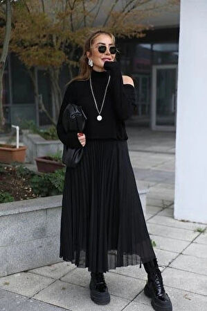 Kadın Triko Plise Ve Tül Detay Iki Parça Elbise