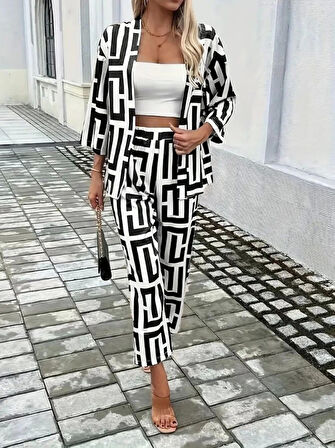 Kadın Uzun Kollu önü Açık Desenli Iki Iplik Ceket Ve Pantolon Ikili Takım