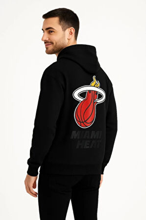 Üç İplik Kapüşonlu Ön Ve Arka Baskılı SweatShirt Hoodie - Siyah