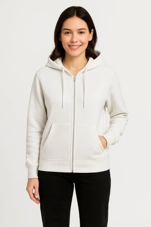 Üç İplik Kapüşonlu Tam Fermuarlı Kanguru Çepli SweatShirt Hoodie - Beyaz