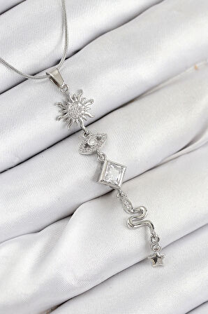 316L Çelik Zirkon Taşlı Güneş Ve Ay Enerji Model Gümüş Renk Kadın Kolye