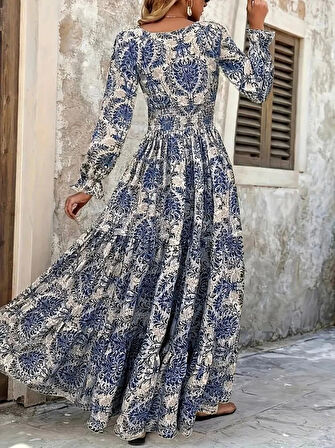 Kadın Uzun Kollu V Yakalı Desenli Süprem Elbise