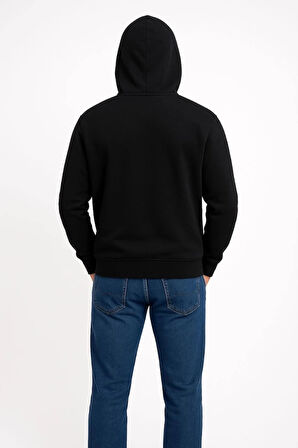 Erkek Üç İplik Kapüşonlu Kanguru Cepli SweatShirt Hoodie - Siyah