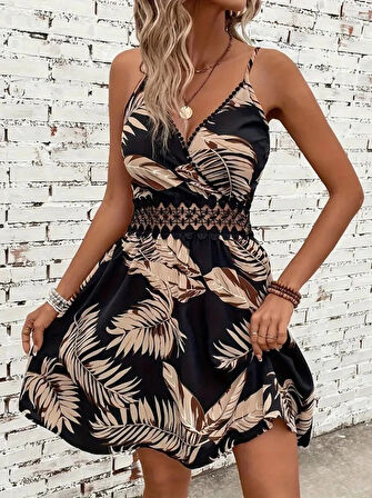 Kadın Ip Askılı Kruvaze Yakalı Desenli Mini Süprem Mini Elbise