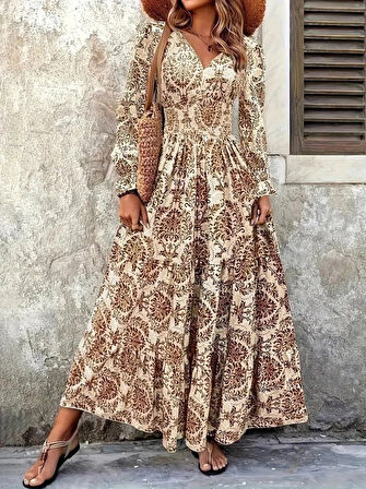 Kadın Uzun Kollu V Yakalı Desenli Süprem Elbise