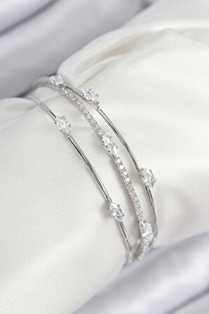 Pirinç Zirkon Taşlı Su Yolu Model Gümüş Renk Kadın Bileklik