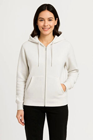 Üç İplik Kapüşonlu Tam Fermuarlı Kanguru Çepli SweatShirt Hoodie - Beyaz