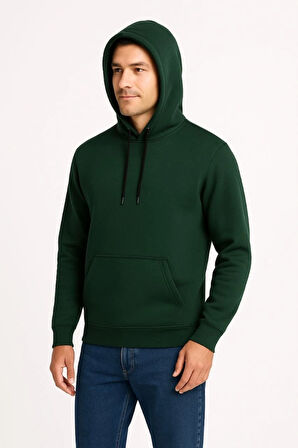 Erkek Üç İplik Kapüşonlu Kanguru Cepli SweatShirt Hoodie - Haki
