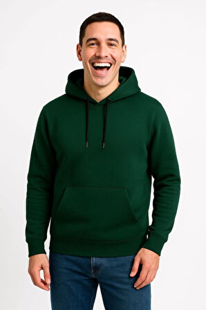 Erkek Üç İplik Kapüşonlu Kanguru Cepli SweatShirt Hoodie - Haki