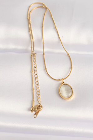 316L Çelik Zincir Altın Renk Gri Sedefli Oval Figürlü Kolye