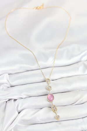 Pirinç Zincir Pembe Gold Renk Zirkon Taşlı Y Kolye
