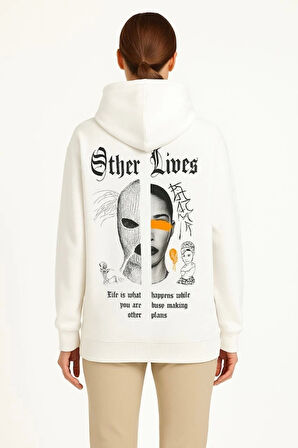 Üç İplik Kapşonlu ön Ve Arka Baskılı SweatShirt Hoodie- Beyaz