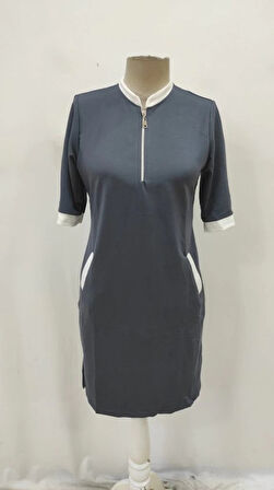 Kadın Kısa Kollu Yakadan Fermuarlı Cepli Yandan Yırtmaçlı Viskon Elbise