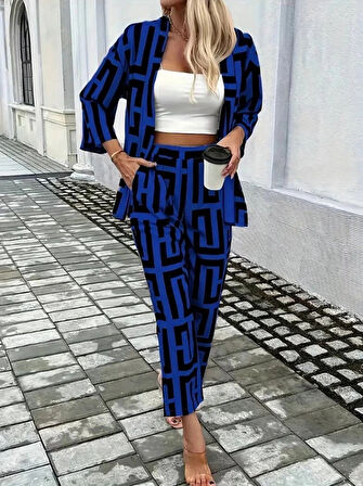 Kadın Uzun Kollu önü Açık Desenli Iki Iplik Ceket Ve Pantolon Ikili Takım