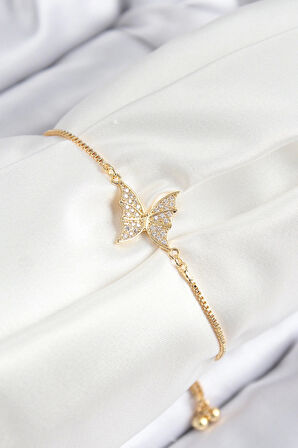 Pirinç Zirkon Taşlı Kelebek Model Gold Renk Asansörlü Kadın Bileklik