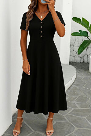 Kadın Kısa Kollu V Yakalı önden Düğmeli Yırtmaçlı Midi Viskon Elbise