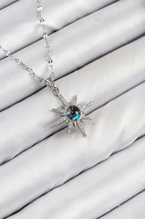 316L Çelik Zirkon Taşlı Kutup Yıldızı Model Gümüş Renk Kadın Kolye