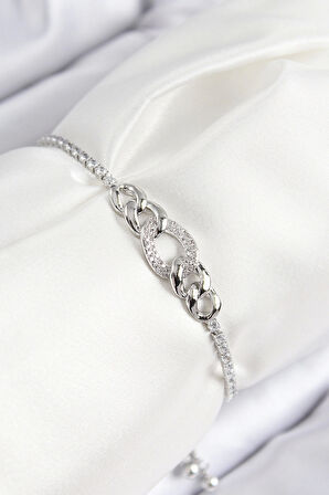 Pirinç Zirkon Taşlı Zincir Model Gümüş Renk Asansörlü Kadın Bileklik