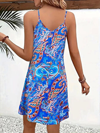 Kadın Ip Askılı V Yakalı Desenli Kısa Süprem Mini Elbise