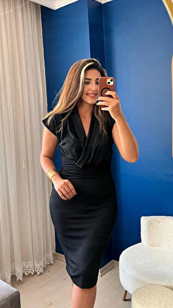 Kadın Kısa Kollu Kruvaze Yaka Krep Elbise (Kemersiz)