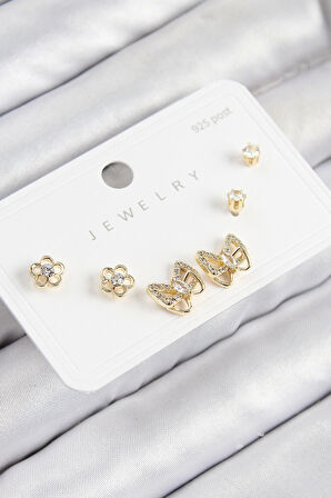 Pirinç Zirkon Taşlı Kelebek Model Gold Renk 925 Ayar Gümüş Çivi Kadın Küpe Set