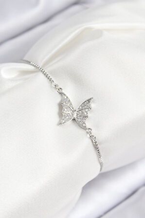 Pirinç Zirkon Taşlı Kelebek Model Gümüş Renk Asansörlü Kadın Bileklik