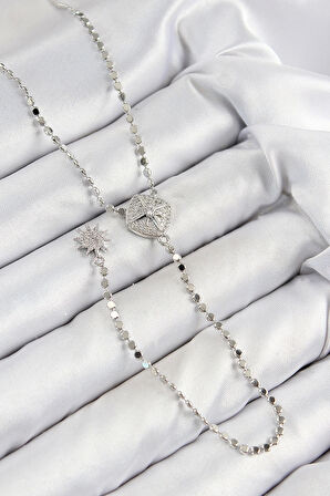 Pirinç Zirkon Taşlı Ezme Zincirli Madalyon Model Gümüş Renk Y Kolye