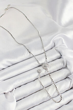 Pirinç Zirkon Taşlı Ezme Zincirli Madalyon Model Gümüş Renk Y Kolye