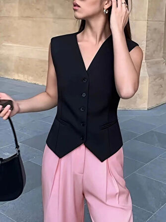 Kadın Sıfır Kollu önden Düğmeli Atlas Yelek