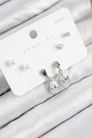 Pirinç Zirkon Taşlı Sallantılı Damla Model Gümüş Renk 925 Ayar Gümüş Çivi Kadın Küpe Set