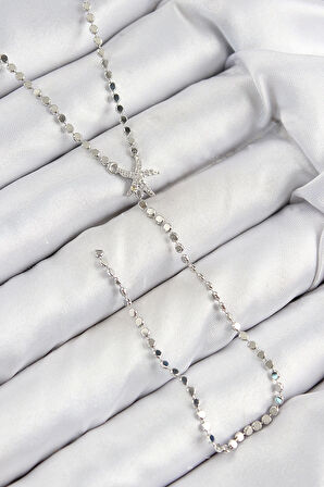 Pirinç Zirkon Taşlı Ezme Zincirli Deniz Yıldızı Model Gümüş Renk Y Kolye