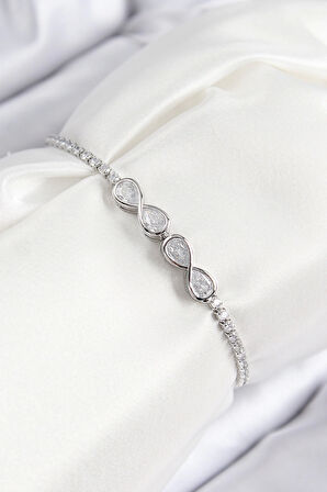 Pirinç Zirkon Taşlı Sonsuzluk Model Gümüş Renk Asansörlü Kadın Bileklik