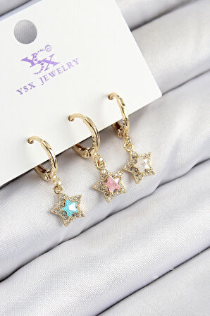 Pirinç Zirkon Taşlı 3'lü Renkli Yıldız Model Gold Renk Kadın Küpe