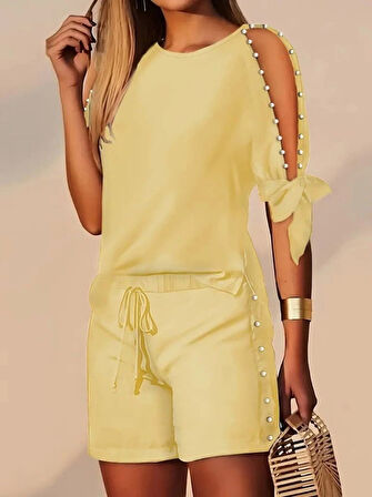 Kadın Kısa Kollu Bisiklet Yaka Yarı Açık Omuz Inci Detaylı Short T-shirt Viskon Ikili Takım