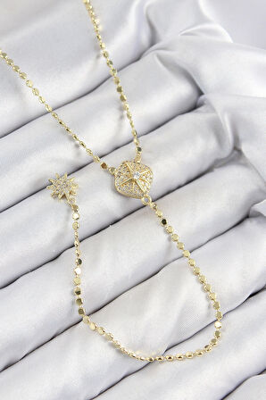 Pirinç Zirkon Taşlı Ezme Zincirli Madalyon Model Gold Renk Y Kolye