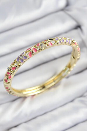 Mineli Pirinç Zirkon Taşlı Pembe Mor Çiçek Motifli Gold Kadın Kelepçe