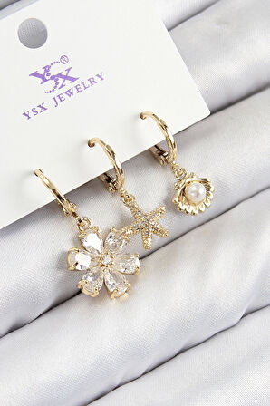 Pirinç Zirkon Taşlı 3'lü İstiridye Ve Çiçek Model Gold Renk Kadın Küpe