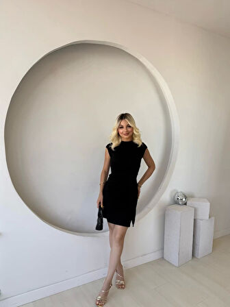 Kadın Kısa Kap Kollu Bisiklet Yaka Belden Bağlamalı Modal Mini Elbise