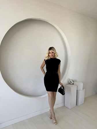 Kadın Kısa Kap Kollu Bisiklet Yaka Belden Bağlamalı Modal Mini Elbise