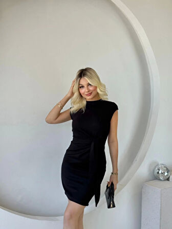 Kadın Kısa Kap Kollu Bisiklet Yaka Belden Bağlamalı Modal Mini Elbise