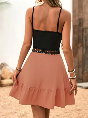 Kadın Ip Askılı Kruvaze Yaka Bel Dantel Ithal Krep Elbise