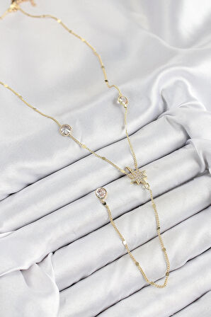 Pirinç Zirkon Taşlı Kutup Yıldızı Model Gold Renk Y Kolye