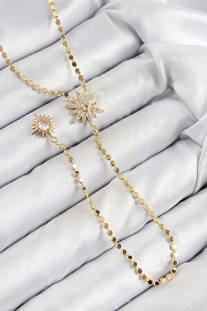 Pirinç Zirkon Taşlı Ezme Zincirli Kutup Yıldızı Model Gold Renk Y Kolye